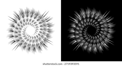 Linhas de ritmo de onda de som espiral abstrata dinâmica. Ritmo de onda de som espiral circular de linhas. Linhas abstratas futuristas circulares, fundo preto e branco.