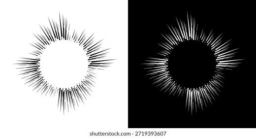 Linhas de ritmo de onda de som espiral abstrata dinâmica. Ritmo de onda de som espiral circular de linhas. Linhas abstratas futuristas circulares, fundo preto e branco.