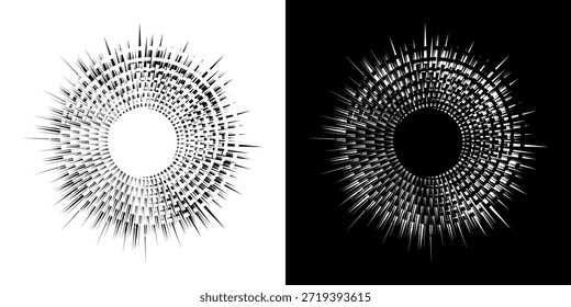 Líneas dinámicas abstractas del ritmo de ondas de sonido en espiral. Onda de sonido circular en espiral con ritmo de líneas. Líneas abstractas futuristas circulares, fondo blanco y negro.
