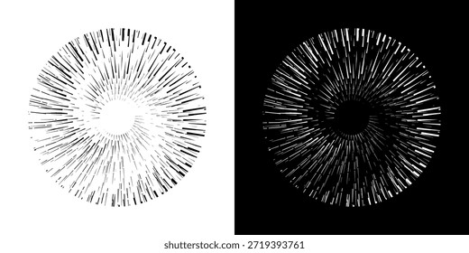 Linhas de ritmo de onda de som espiral abstrata dinâmica. Ritmo de onda de som espiral circular de linhas. Linhas abstratas futuristas circulares, fundo preto e branco.