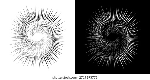 Linhas de ritmo de onda de som espiral abstrata dinâmica. Ritmo de onda de som espiral circular de linhas. Linhas abstratas futuristas circulares, fundo preto e branco.