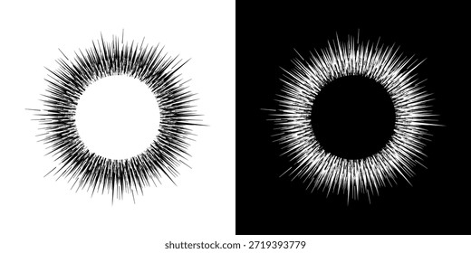 Linhas de ritmo de onda de som espiral abstrata dinâmica. Ritmo de onda de som espiral circular de linhas. Linhas abstratas futuristas circulares, fundo preto e branco.	