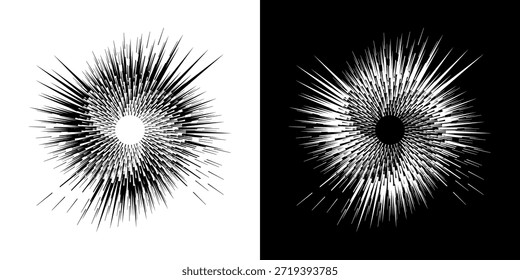 Linhas de ritmo de onda de som espiral abstrata dinâmica. Ritmo de onda de som espiral circular de linhas. Linhas abstratas futuristas circulares, fundo preto e branco.	