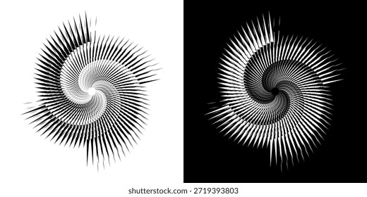 Líneas dinámicas abstractas del ritmo de ondas de sonido en espiral. Onda de sonido circular en espiral con ritmo de líneas. Líneas abstractas futuristas circulares, fondo blanco y negro.