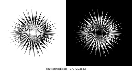 Linhas de ritmo de onda de som espiral abstrata dinâmica. Ritmo de onda de som espiral circular de linhas. Linhas abstratas futuristas circulares, fundo preto e branco.	