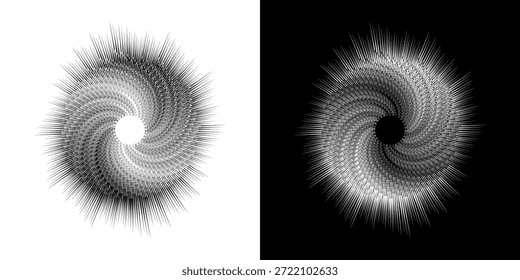 Linhas de ritmo de onda de som espiral abstrata dinâmica. Ritmo de onda de som espiral circular de linhas. Linhas abstratas futuristas circulares, fundo preto e branco.