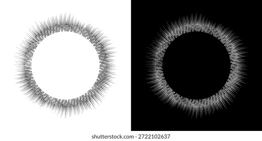 Dynamic abstract spiral sound wave rhythm lines. Circular spiral sound wave rhythm of lines. Circular futuristic abstract lines, black and white background.