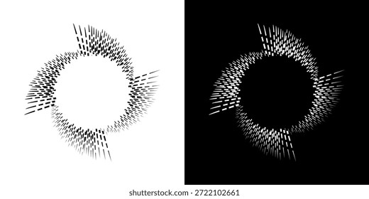 Linhas de ritmo de onda de som espiral abstrata dinâmica. Ritmo de onda de som espiral circular de linhas. Linhas abstratas futuristas circulares, fundo preto e branco.