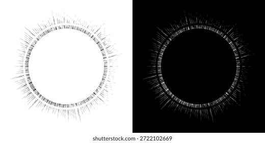 Dynamic abstract spiral sound wave rhythm lines. Circular spiral sound wave rhythm of lines. Circular futuristic abstract lines, black and white background.