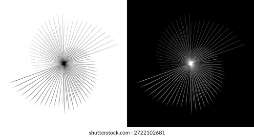 Linhas de ritmo de onda de som espiral abstrata dinâmica. Ritmo de onda de som espiral circular de linhas. Linhas abstratas futuristas circulares, fundo preto e branco.