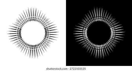 Linhas de ritmo de onda de som espiral abstrata dinâmica. Ritmo de onda de som espiral circular de linhas. Linhas abstratas futuristas circulares, fundo preto e branco.	