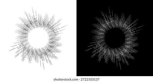 Linhas de ritmo de onda de som espiral abstrata dinâmica. Ritmo de onda de som espiral circular de linhas. Linhas abstratas futuristas circulares, fundo preto e branco.	
