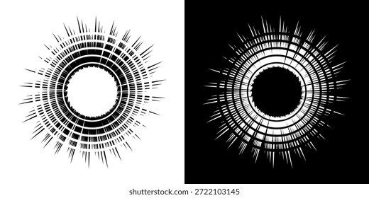 Líneas dinámicas abstractas del ritmo de ondas de sonido en espiral. Onda de sonido circular en espiral con ritmo de líneas. Líneas abstractas futuristas circulares, fondo blanco y negro.	