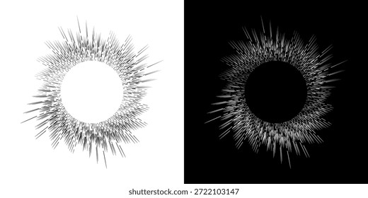 Linhas de ritmo de onda de som espiral abstrata dinâmica. Ritmo de onda de som espiral circular de linhas. Linhas abstratas futuristas circulares, fundo preto e branco.	