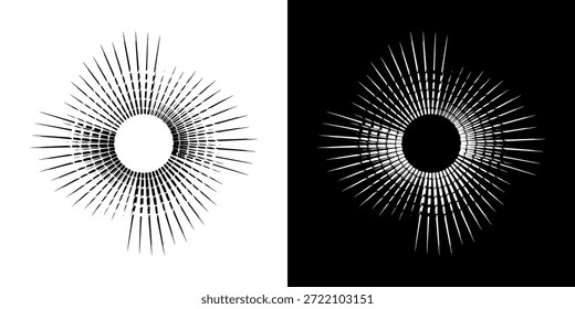 Linhas de ritmo de onda de som espiral abstrata dinâmica. Ritmo de onda de som espiral circular de linhas. Linhas abstratas futuristas circulares, fundo preto e branco.	