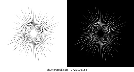 Linhas de ritmo de onda de som espiral abstrata dinâmica. Ritmo de onda de som espiral circular de linhas. Linhas abstratas futuristas circulares, fundo preto e branco.	