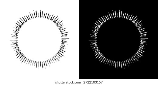 Linhas de ritmo de onda de som espiral abstrata dinâmica. Ritmo de onda de som espiral circular de linhas. Linhas abstratas futuristas circulares, fundo preto e branco.	