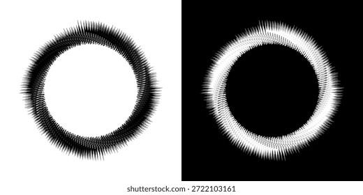 Líneas dinámicas abstractas del ritmo de ondas de sonido en espiral. Onda de sonido circular en espiral con ritmo de líneas. Líneas abstractas futuristas circulares, fondo blanco y negro.	