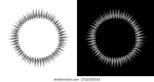Linhas de ritmo de onda de som espiral abstrata dinâmica. Ritmo de onda de som espiral circular de linhas. Linhas abstratas futuristas circulares, fundo preto e branco.	