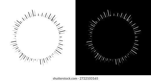 Linhas de ritmo de onda de som espiral abstrata dinâmica. Ritmo de onda de som espiral circular de linhas. Linhas abstratas futuristas circulares, fundo preto e branco.	