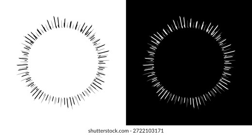 Linhas de ritmo de onda de som espiral abstrata dinâmica. Ritmo de onda de som espiral circular de linhas. Linhas abstratas futuristas circulares, fundo preto e branco.	