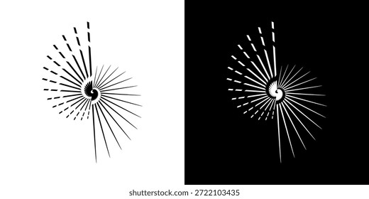 Linhas de ritmo de onda de som espiral abstrata dinâmica. Ritmo de onda de som espiral circular de linhas. Linhas abstratas futuristas circulares, fundo preto e branco.