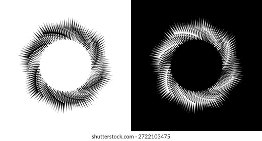 Linhas de ritmo de onda de som espiral abstrata dinâmica. Ritmo de onda de som espiral circular de linhas. Linhas abstratas futuristas circulares, fundo preto e branco.