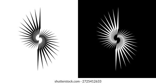 Linhas de ritmo de onda de som espiral abstrata dinâmica. Ritmo de onda de som espiral circular de linhas. Linhas abstratas futuristas circulares, fundo preto e branco.	
