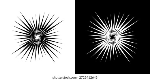 Linhas de ritmo de onda de som espiral abstrata dinâmica. Ritmo de onda de som espiral circular de linhas. Linhas abstratas futuristas circulares, fundo preto e branco.	
