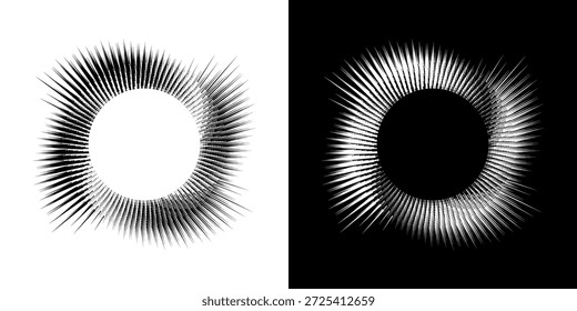 Líneas dinámicas abstractas del ritmo de ondas de sonido en espiral. Onda de sonido circular en espiral con ritmo de líneas. Líneas abstractas futuristas circulares, fondo blanco y negro.	
