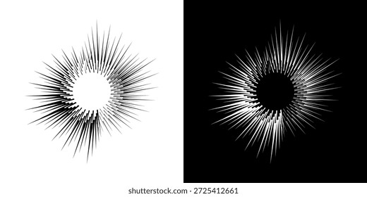 Linhas de ritmo de onda de som espiral abstrata dinâmica. Ritmo de onda de som espiral circular de linhas. Linhas abstratas futuristas circulares, fundo preto e branco.	
