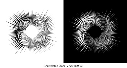 Dynamische abstrakte Spiral-Schallwellen-Rhythmuslinien. Kreisförmige Spirale Schallwelle Rhythmus von Linien. Zirkuläre futuristische abstrakte Linien, schwarz-weißer Hintergrund.	
