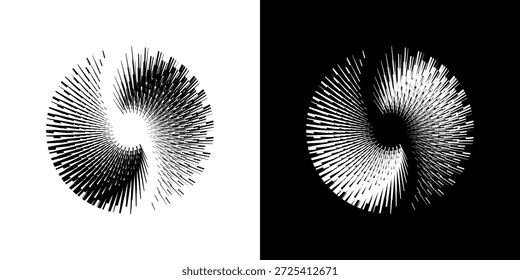 Líneas dinámicas abstractas del ritmo de ondas de sonido en espiral. Onda de sonido circular en espiral con ritmo de líneas. Líneas abstractas futuristas circulares, fondo blanco y negro.	

