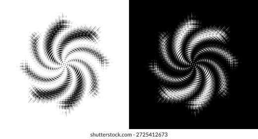 Linhas de ritmo de onda de som espiral abstrata dinâmica. Ritmo de onda de som espiral circular de linhas. Linhas abstratas futuristas circulares, fundo preto e branco.	
