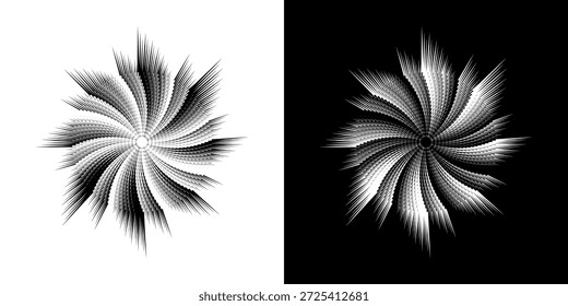 Linhas de ritmo de onda de som espiral abstrata dinâmica. Ritmo de onda de som espiral circular de linhas. Linhas abstratas futuristas circulares, fundo preto e branco.	
