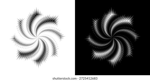 Linhas de ritmo de onda de som espiral abstrata dinâmica. Ritmo de onda de som espiral circular de linhas. Linhas abstratas futuristas circulares, fundo preto e branco.	
