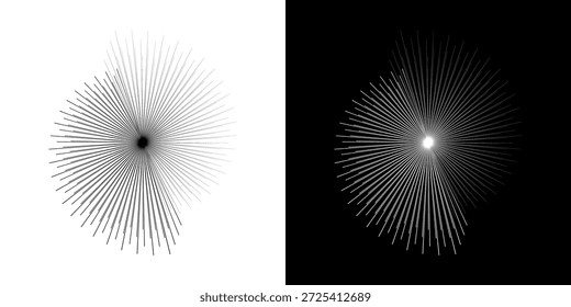 Linhas de ritmo de onda de som espiral abstrata dinâmica. Ritmo de onda de som espiral circular de linhas. Linhas abstratas futuristas circulares, fundo preto e branco.	
