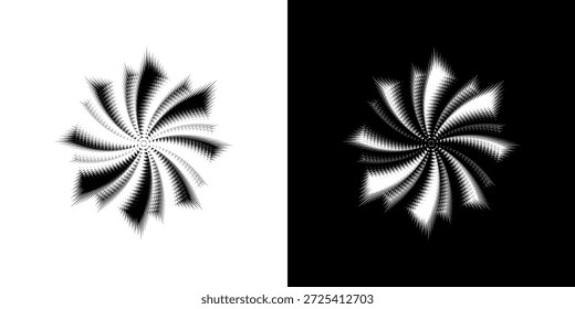 Linhas de ritmo de onda de som espiral abstrata dinâmica. Ritmo de onda de som espiral circular de linhas. Linhas abstratas futuristas circulares, fundo preto e branco.	
