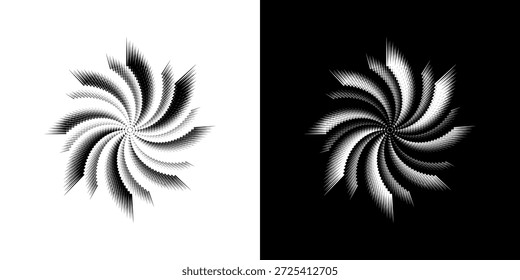 Linhas de ritmo de onda de som espiral abstrata dinâmica. Ritmo de onda de som espiral circular de linhas. Linhas abstratas futuristas circulares, fundo preto e branco.	
