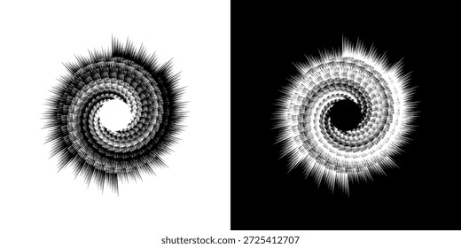 Linhas de ritmo de onda de som espiral abstrata dinâmica. Ritmo de onda de som espiral circular de linhas. Linhas abstratas futuristas circulares, fundo preto e branco.	
