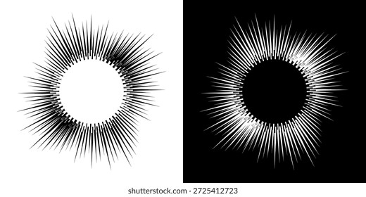 Linhas de ritmo de onda de som espiral abstrata dinâmica. Ritmo de onda de som espiral circular de linhas. Linhas abstratas futuristas circulares, fundo preto e branco.	
