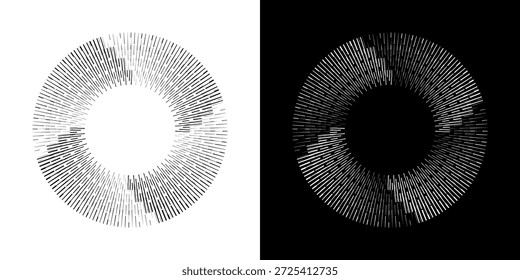Linhas de ritmo de onda de som espiral abstrata dinâmica. Ritmo de onda de som espiral circular de linhas. Linhas abstratas futuristas circulares, fundo preto e branco.	
