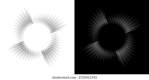 Linhas de ritmo de onda de som espiral abstrata dinâmica. Ritmo de onda de som espiral circular de linhas. Linhas abstratas futuristas circulares, fundo preto e branco.	

