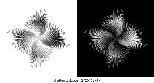 Linhas de ritmo de onda de som espiral abstrata dinâmica. Ritmo de onda de som espiral circular de linhas. Linhas abstratas futuristas circulares, fundo preto e branco.	

