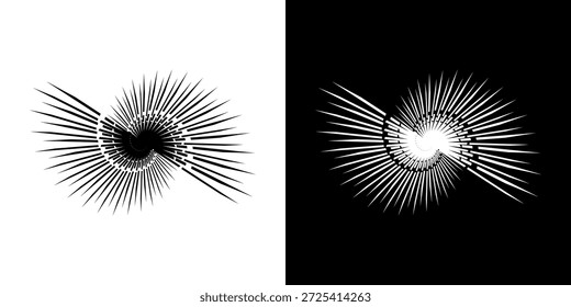 Linhas de ritmo de onda de som espiral abstrata dinâmica. Ritmo de onda de som espiral circular de linhas. Linhas abstratas futuristas circulares, fundo preto e branco.	