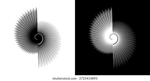 	
Linhas de ritmo de onda de som espiral abstrata dinâmica. Ritmo de onda de som espiral circular de linhas. Linhas abstratas futuristas circulares, fundo preto e branco.	