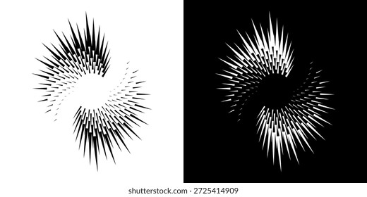 	
Linhas de ritmo de onda de som espiral abstrata dinâmica. Ritmo de onda de som espiral circular de linhas. Linhas abstratas futuristas circulares, fundo preto e branco.	