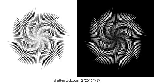 	
Linhas de ritmo de onda de som espiral abstrata dinâmica. Ritmo de onda de som espiral circular de linhas. Linhas abstratas futuristas circulares, fundo preto e branco.	