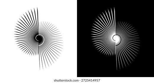 	
Linhas de ritmo de onda de som espiral abstrata dinâmica. Ritmo de onda de som espiral circular de linhas. Linhas abstratas futuristas circulares, fundo preto e branco.	