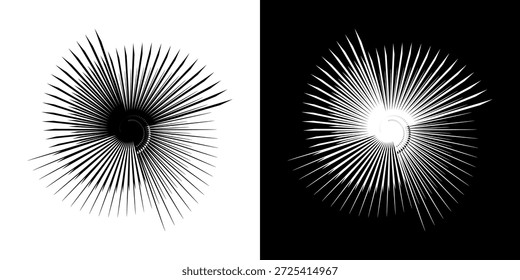 	
Linhas de ritmo de onda de som espiral abstrata dinâmica. Ritmo de onda de som espiral circular de linhas. Linhas abstratas futuristas circulares, fundo preto e branco.	